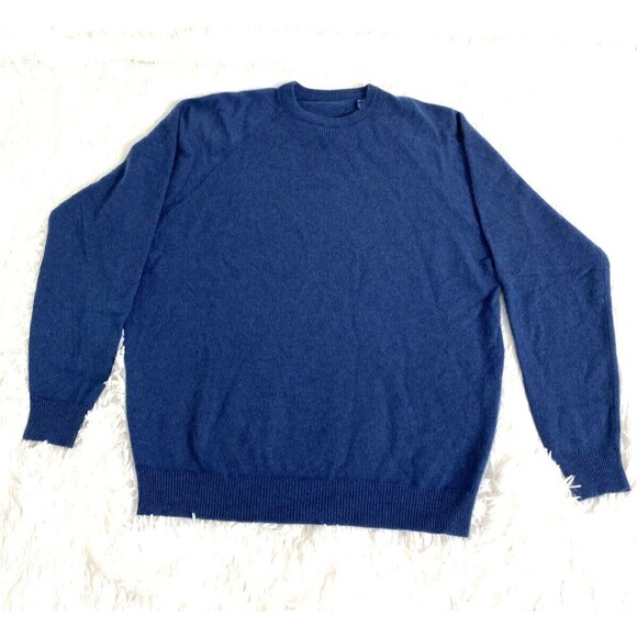 Men's Sweater 100% Pure Cashmere Size L Blue Crew Neck Luxury Long Sleeves - Picture 1 of 11